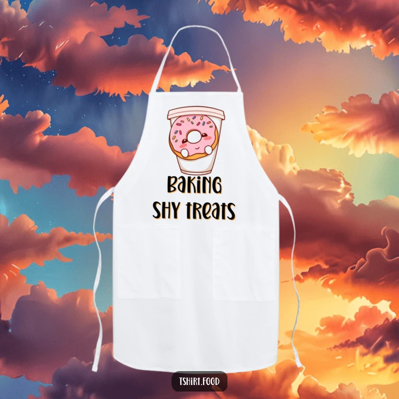 Funny shy donut apron showing a blushing donut with sprinkles hiding behind a coffee cup, perfect for adding cute kitchen humor.