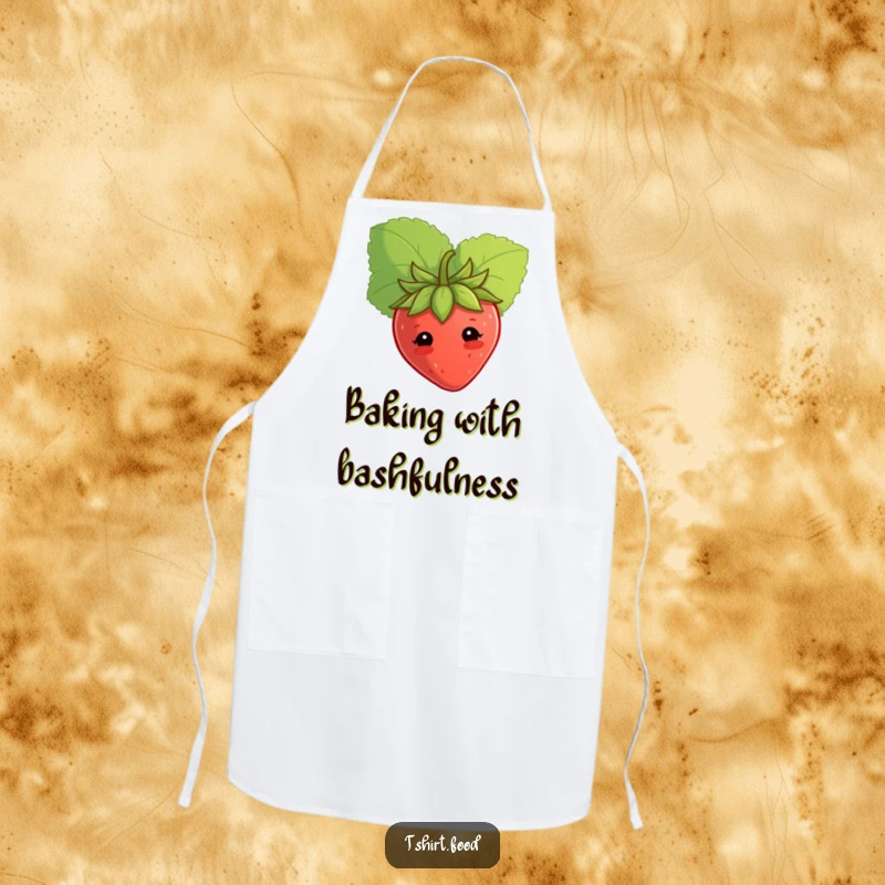 Funny shy strawberry apron, peeking from a leaf, cute kitchen wear for those who love subtle humor. Great funny gift.