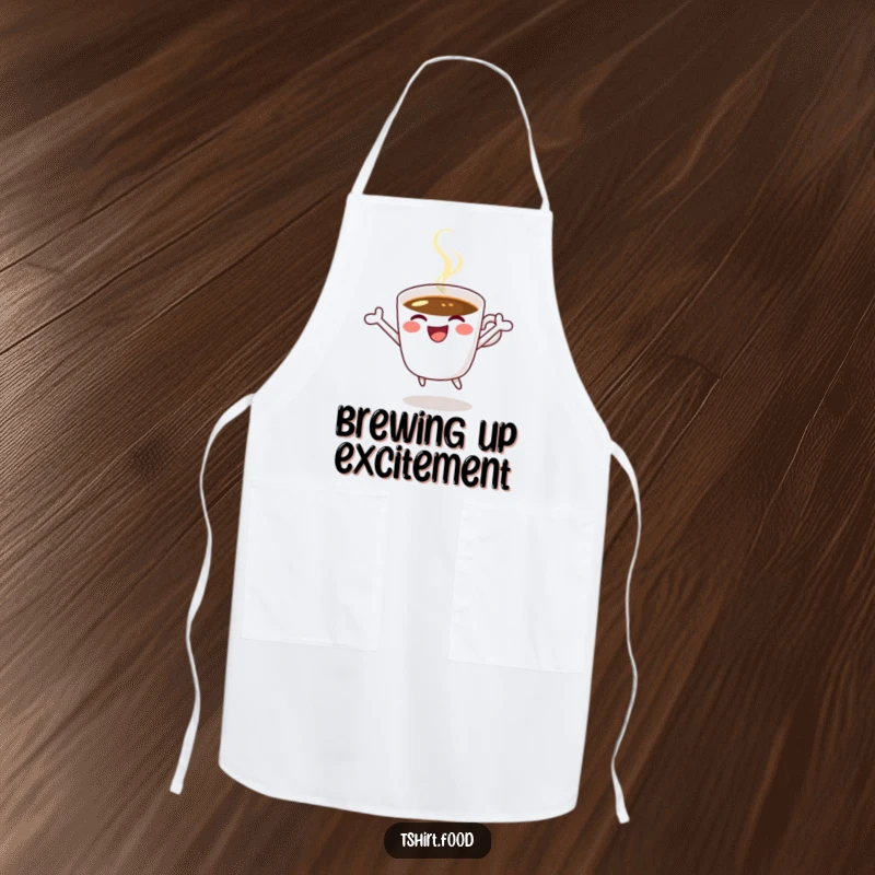 Funny coffee apron showing a happy coffee cup winking and expertly jumping for joy, a cheerful kitchen accessory.