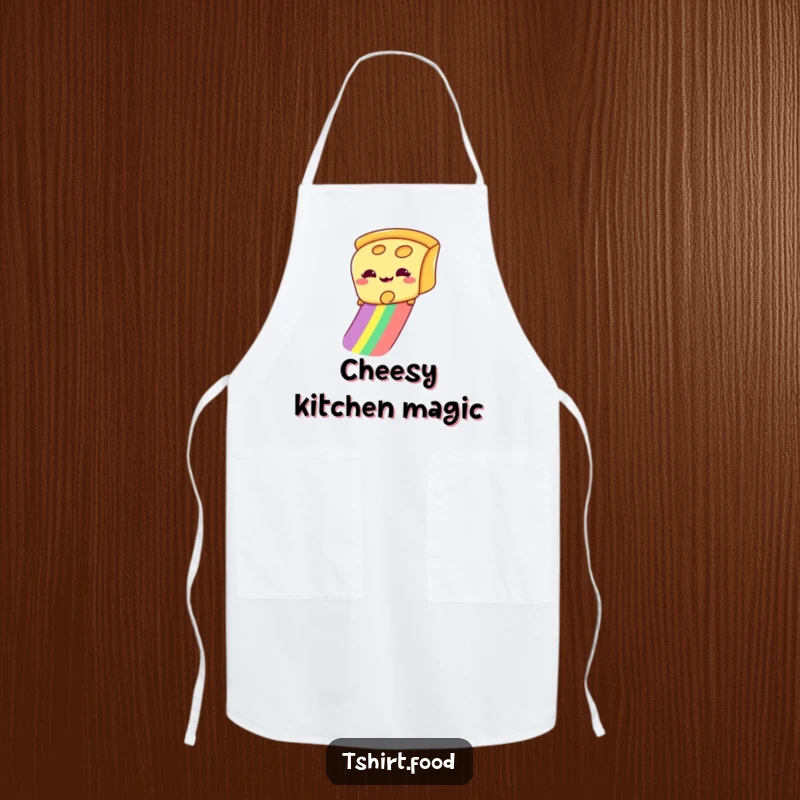 Funny apron illustration of a giddy slice of cheese sliding down a rainbow, bringing cheesy fun to the kitchen.