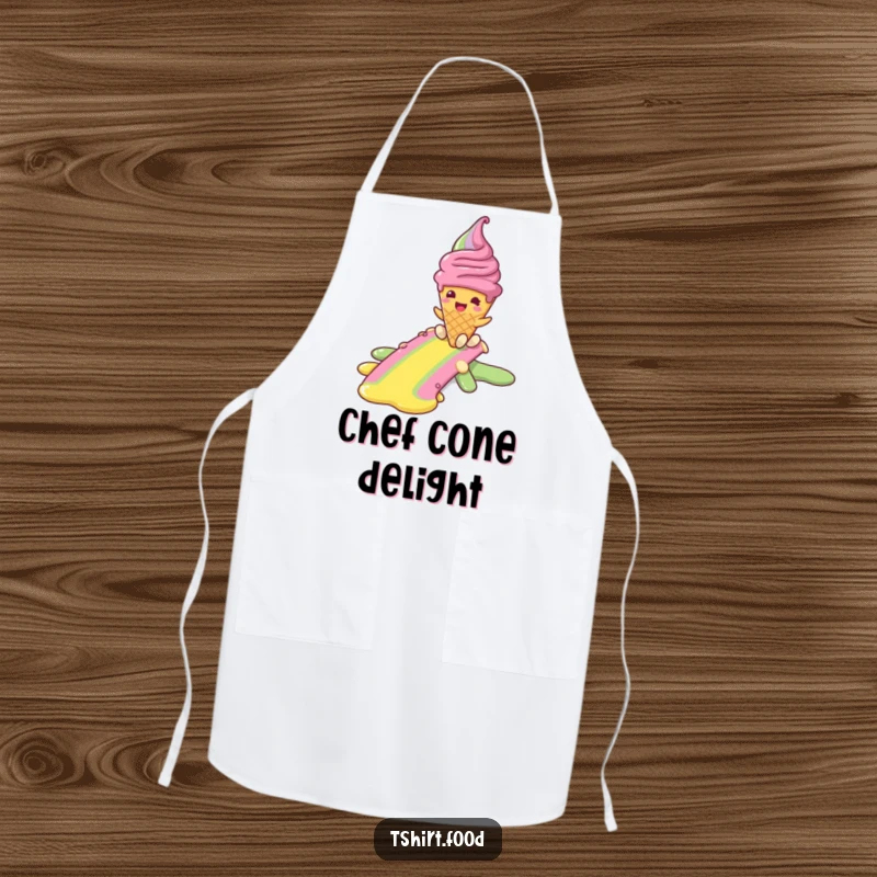 Funny apron showing a smiling ice cream cone character joyfully sliding down a rainbow, perfect for sweet-themed cooking and baking fun.