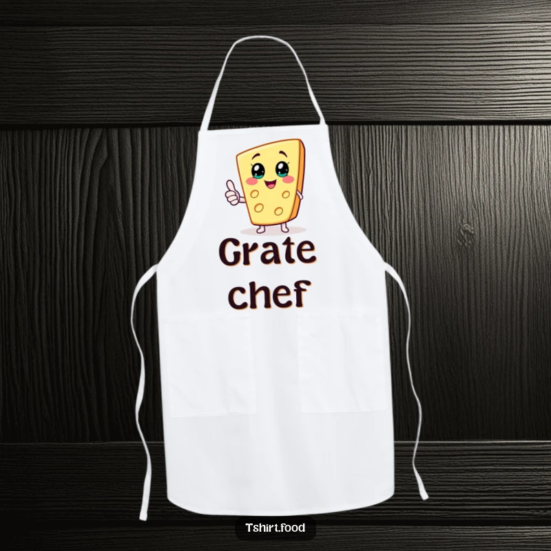Funny apron for chefs, featuring a joyful cheese wedge character giving a thumbs up, perfect for a fun kitchen.