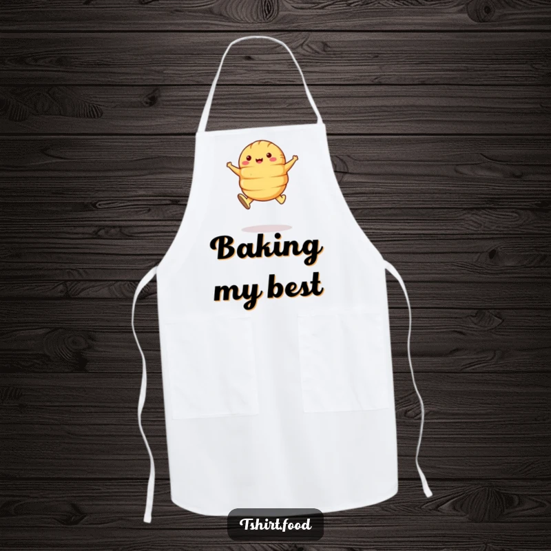 Funny Croissant Leap Apron: A happy croissant with butter shoes leaps, a fun and practical kitchen accessory.