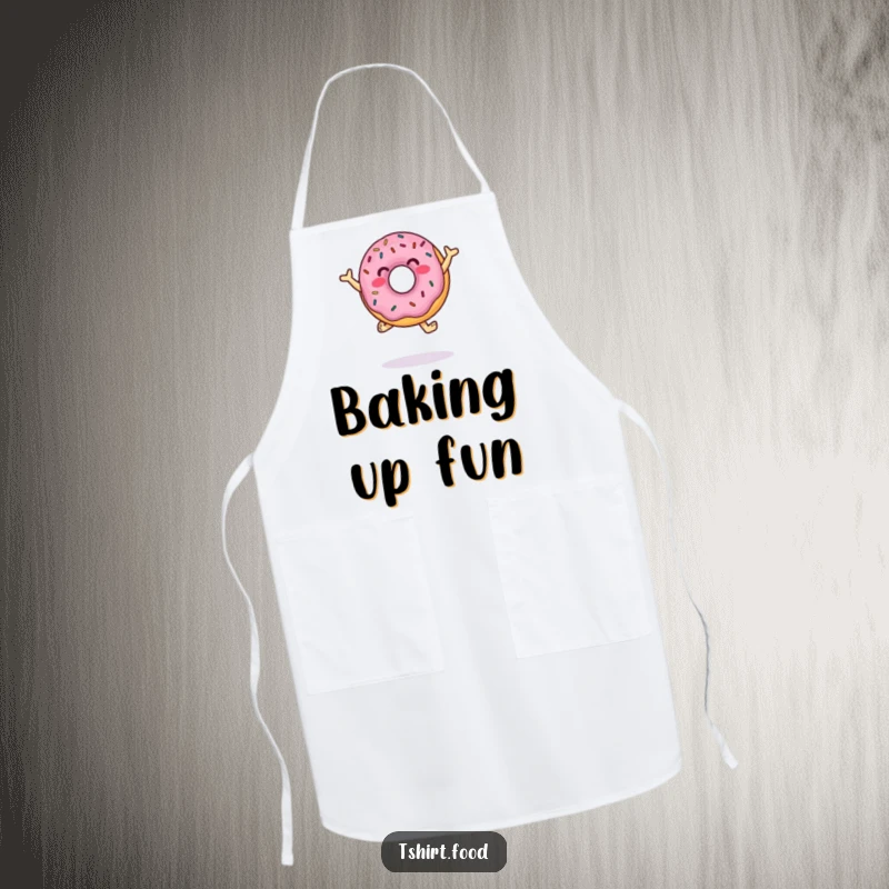 Funny Apron depicting a donut character with sprinkles doing a lively dance, perfect for adding humor to cooking and baking.