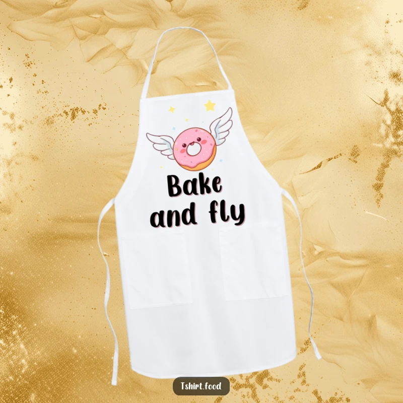 Funny apron showing a joyful donut character with wings soaring through a starlit sky, perfect for celestial-themed baking and pastry fun.