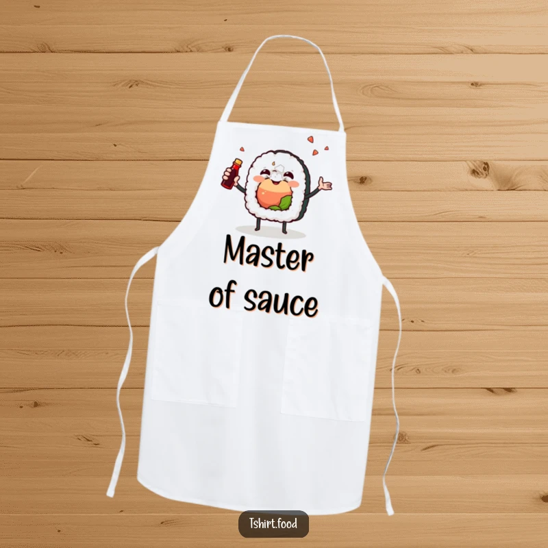 Funny apron with a joyful sushi roll character energetically juggling a soy sauce bottle, adding a festive and humorous touch to cooking.