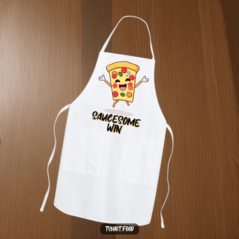Funny pizza slice apron in a triumphant dance, culinary toppings adding to the zest. A functional and humorous kitchen accessory.