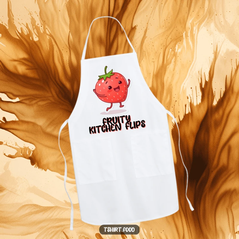 Funny apron with a smiling strawberry character doing a happy cartwheel, adding a vibrant and humorous touch to kitchen tasks.