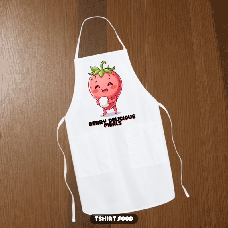 Funny Strawberry Apron: A smiling strawberry character bounces a tiny ball, bringing playful energy and fruity charm to kitchen activities.