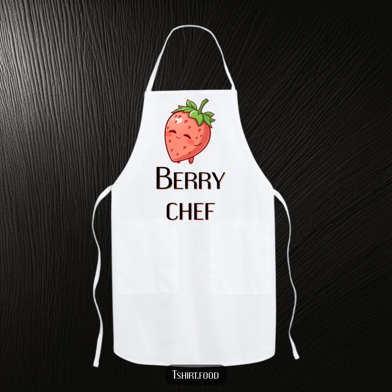 Funny Apron: A charming strawberry character tips its leafy hat and winks, ready to add a sprinkle of fun to your cooking.