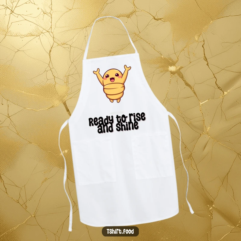 Funny apron designed with a surprised croissant character leaping joyfully mid-air, adding a humorous and energetic touch to kitchen activities.