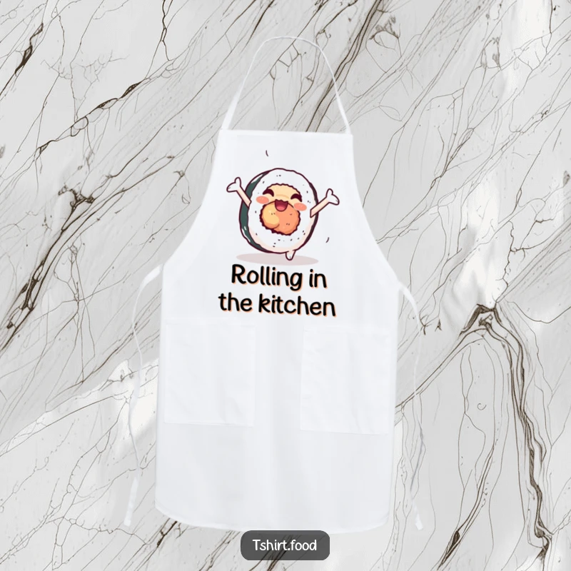 Funny sushi apron showing a happy sushi roll with arms expertly cartwheeling, a joyful chef accessory.