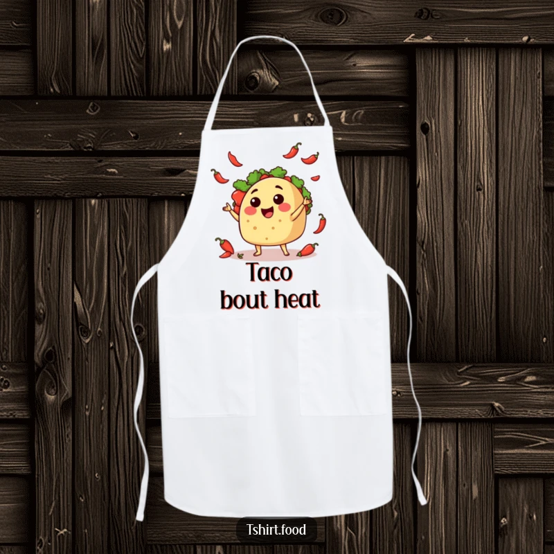Funny Apron: A smiling taco masterfully juggling small chili peppers, designed for kitchen fun and culinary adventures.