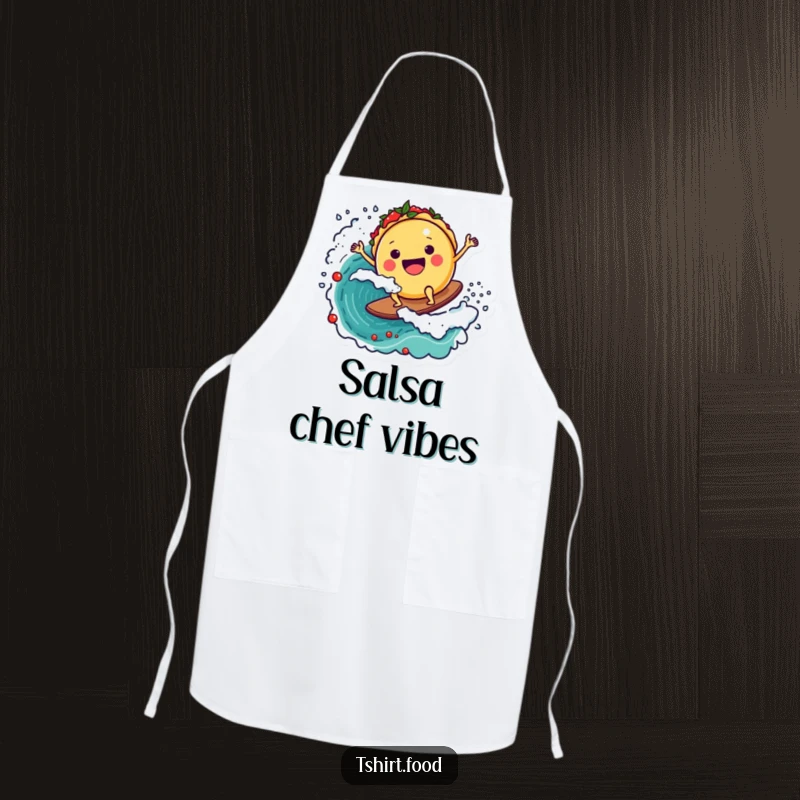 Funny apron displaying a round taco character joyfully surfing a salsa wave, perfect for culinary fun and Mexican-themed cooking.