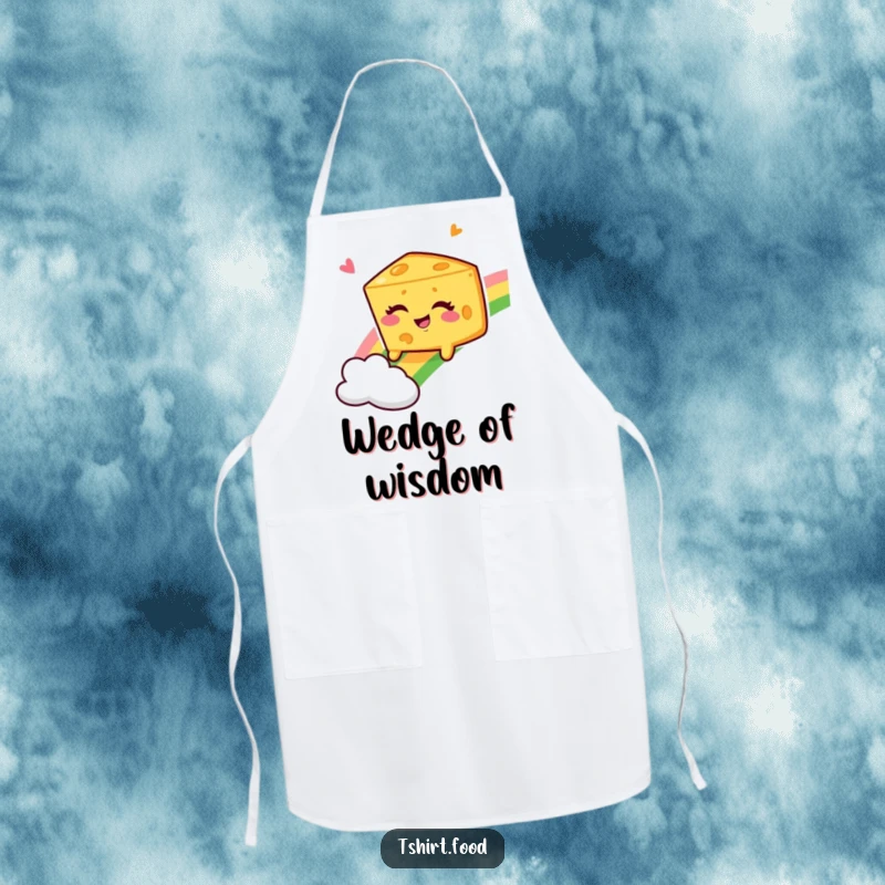 Funny Winking Cheese Wedge Apron, a cheerful wedge joyfully sliding down a rainbow, ready for kitchen adventures.