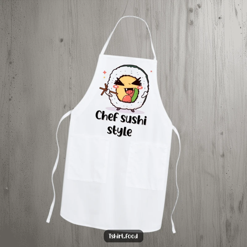 Funny apron showing a winking sushi roll character juggling tiny chopsticks with a devilish grin, ideal for cooking with Japanese food flair.