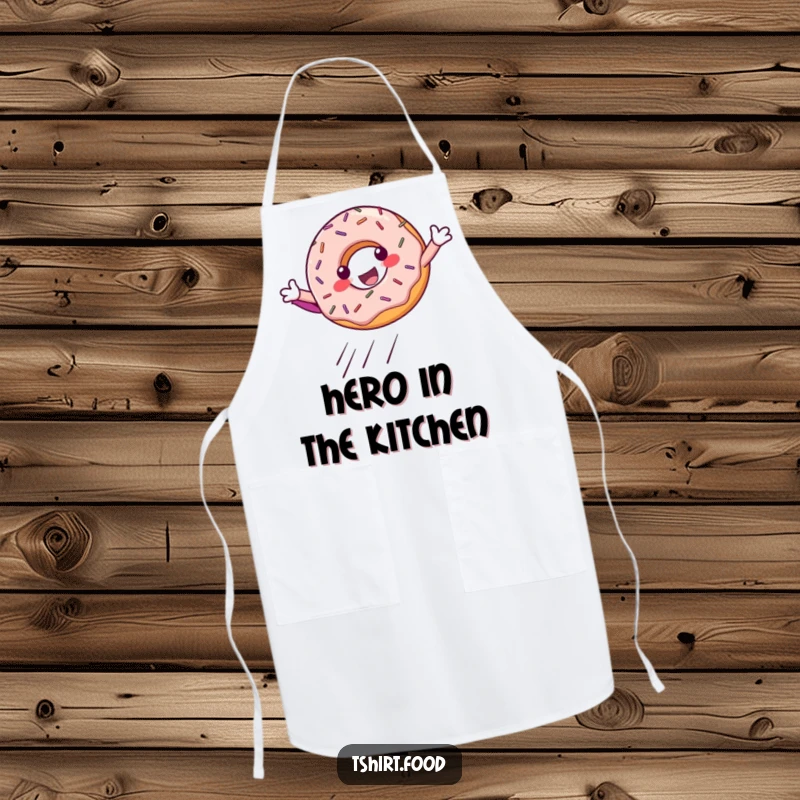 Funny Apron: A cheerful donut with sprinkles masterfully executing a superhero landing, designed for kitchen fun and bravery.