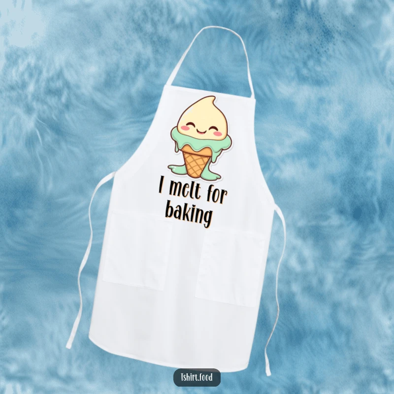 Funny happy ice cream cone character melting slightly with a wide, silly smile, on a kitchen apron. Fun for bakers.