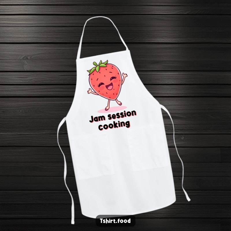 Funny Apron: A giggling strawberry masterfully performing a silly dance, designed for kitchen fun and joyful creations.