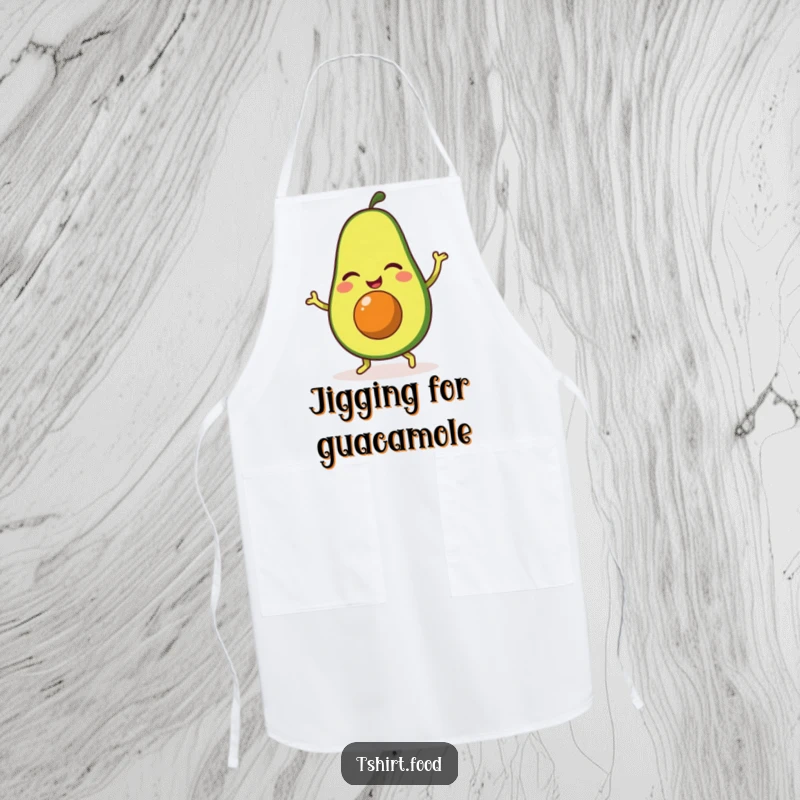 Funny apron showing a winking avocado character doing a happy little jig, perfect for kitchen antics and humorous cooking sessions.