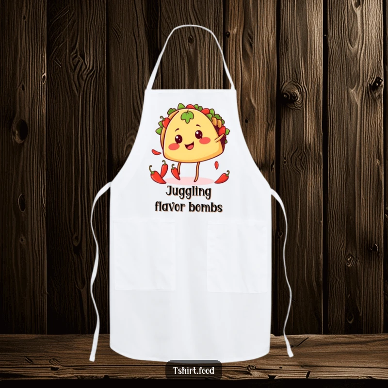 Funny juggling taco apron showing a smiling taco with legs juggling chili peppers, perfect for adding festive kitchen humor.