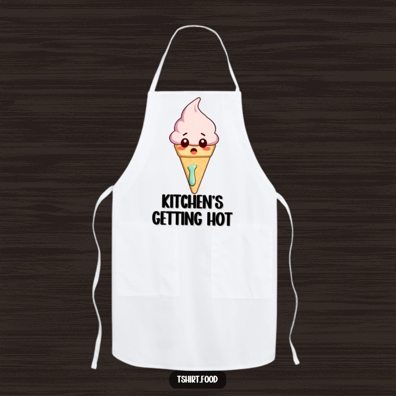 Funny apron featuring a surprised ice cream cone character melting slightly, adding a humorous and sweet touch to kitchen tasks.