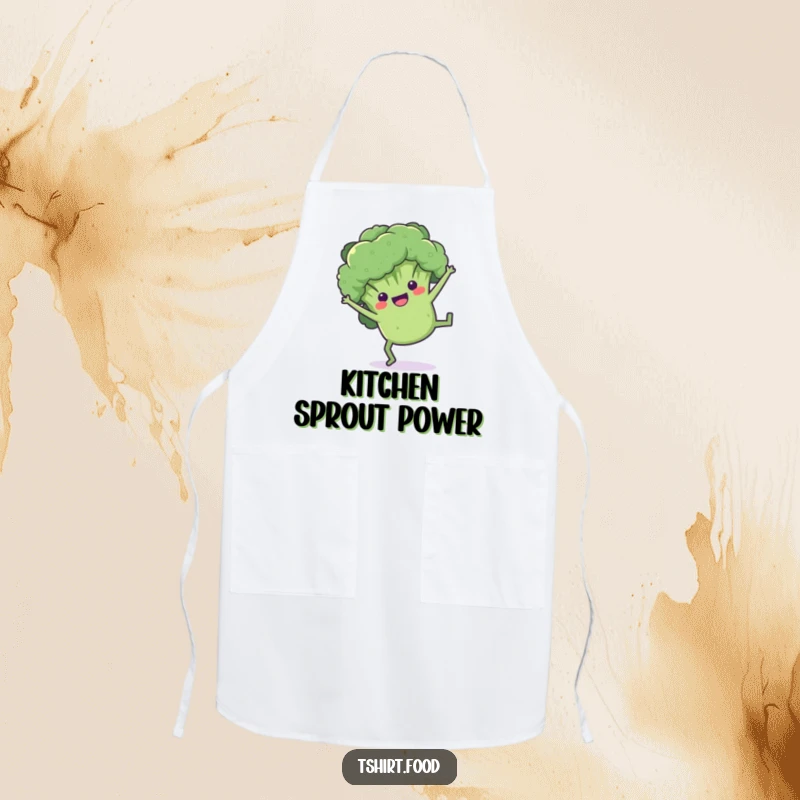 Funny broccoli apron showing a playful floret doing a cartwheel, perfect for a fun and healthy cooking experience.