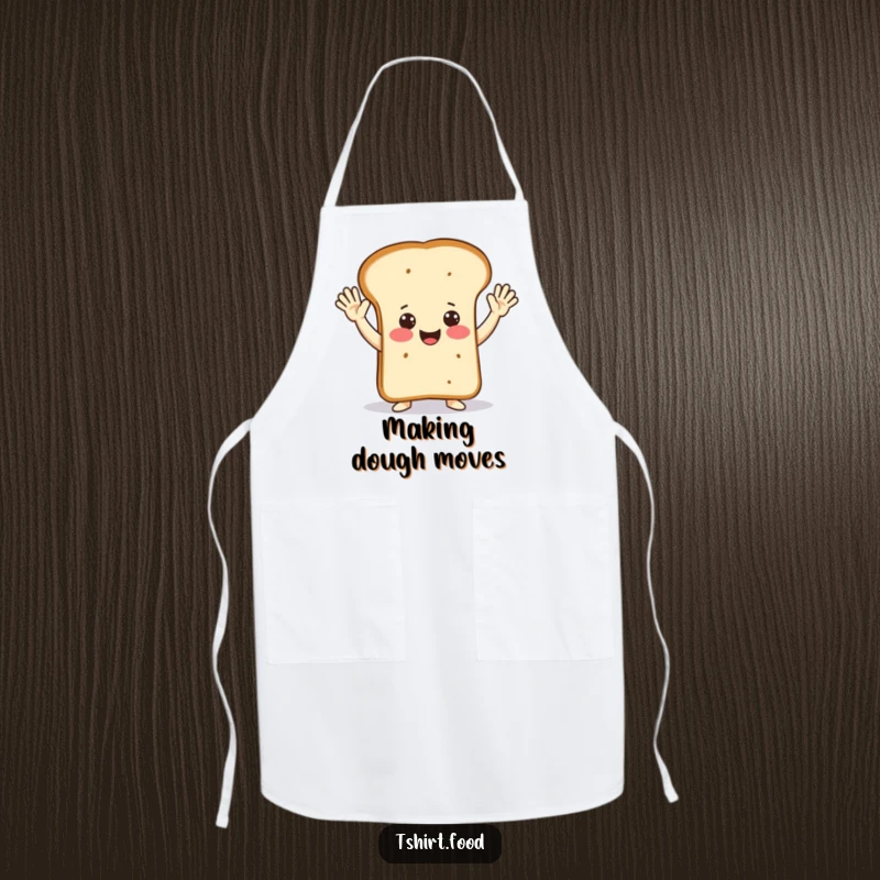 Funny happy loaf of bread in a cheerful jazz hands pose on a kitchen apron, ready for baking fun.