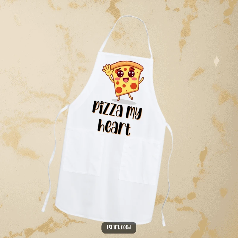 Funny apron depicting a pizza slice with pepperoni eyes waving and dancing silliy, perfect for kitchen antics and gifting.