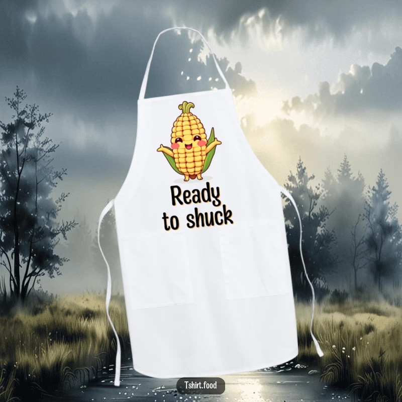 Funny apron featuring a smiling corn cob character with open arms, ready to offer a humorous hug while you whip up a meal.