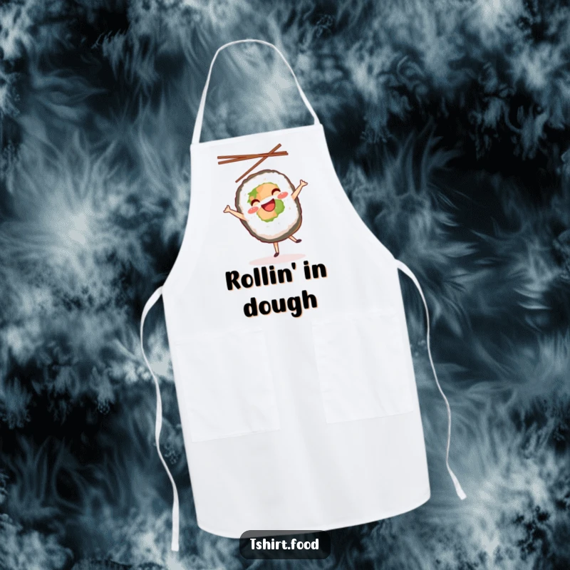 Funny apron depicting a sushi roll joyfully cartwheeling with chopsticks in the air, perfect for kitchen antics and gifting.