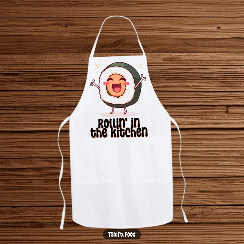 Funny Apron: A beaming sushi roll with tiny legs dances a victory dance, perfect attire for a fun sushi chef.