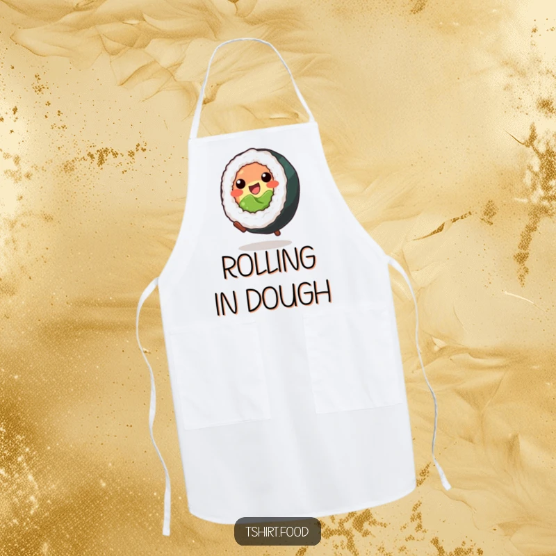 Funny Apron: A smiling sushi roll masterfully performing a cartwheel, designed for kitchen fun and culinary adventures.