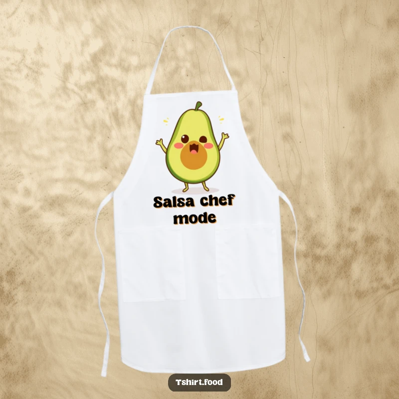 Funny avocado dance apron showing a surprised fruit in a silly dance, ideal funny gift.