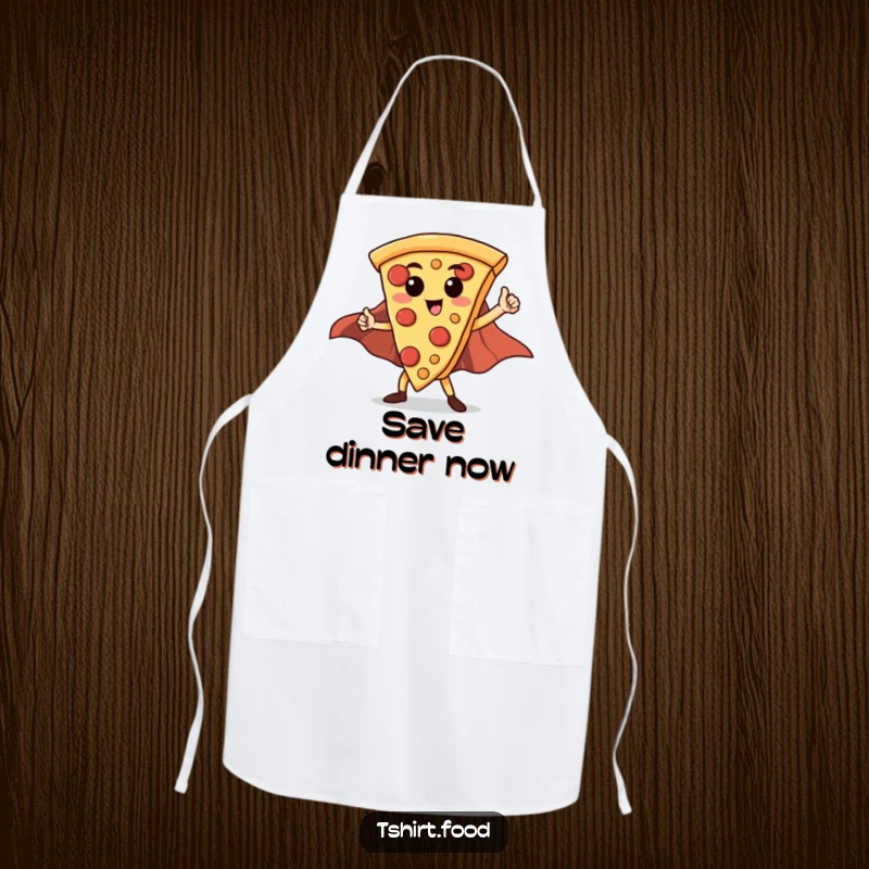 Funny Hero Pizza Slice Apron: A proud pizza slice wearing a cape poses heroically, ready to protect you while cooking.