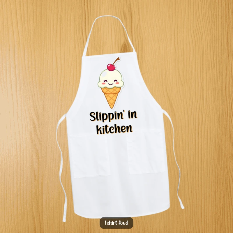 Funny apron showing a grinning ice cream cone with a cherry on top, humorously sliding, perfect for kitchen fun.