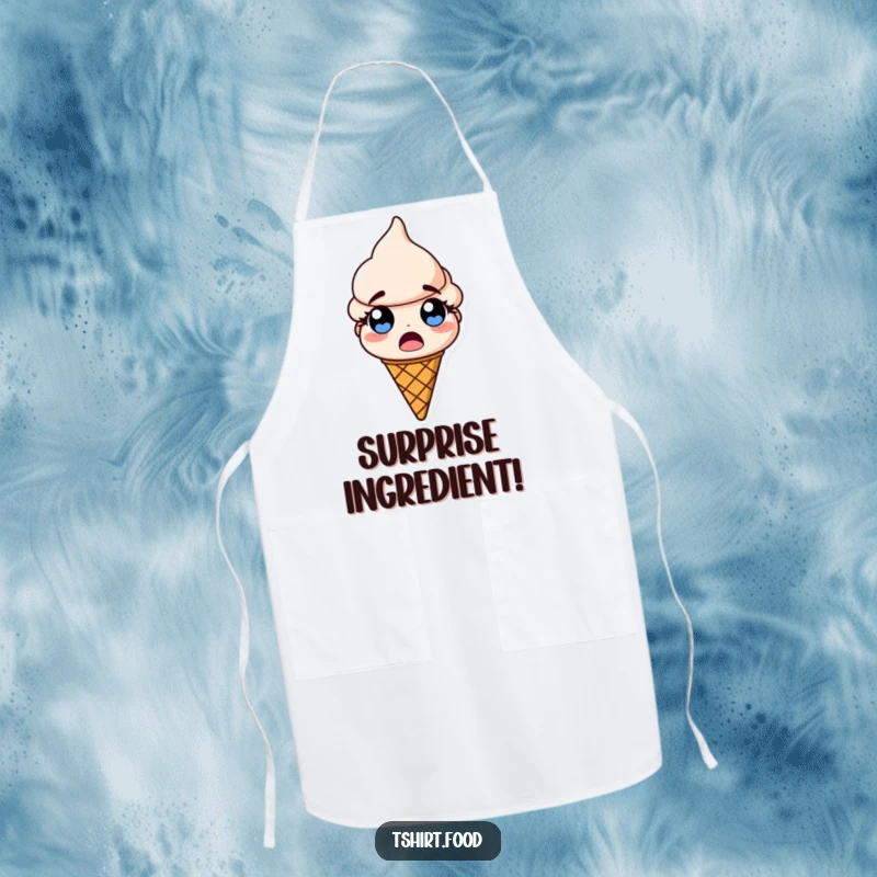 Funny apron illustration of a surprised ice cream cone with wide, popping eyes, ready to handle any kitchen task with humor.