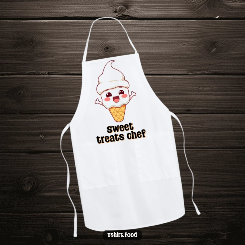 Funny Apron featuring an excited ice cream cone character with a cone hat, perfect for adding fun to kitchen activities.