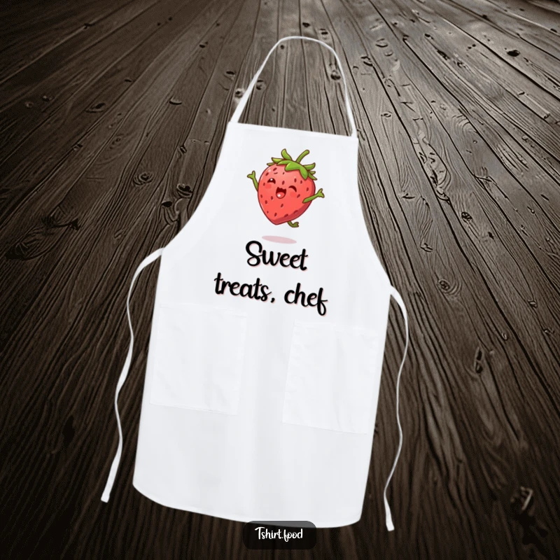 Funny Strawberry Jump Apron showing a happy strawberry character with tiny leaf arms, performing an energetic high jump, perfect for a cheerful kitchen.