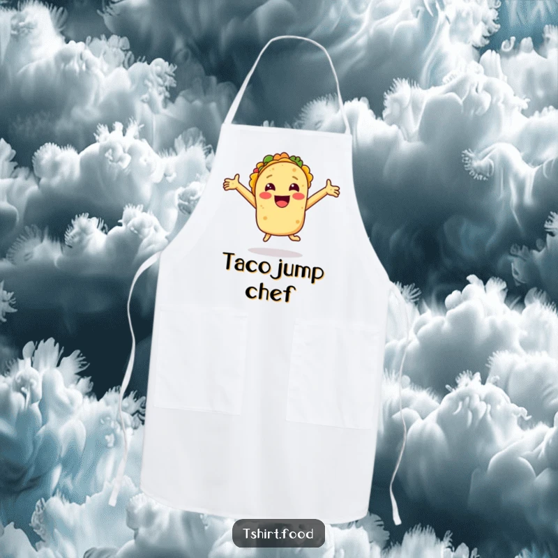 Funny apron showing a smiling taco with arms outstretched jumping for joy, bringing humor and practicality to the kitchen.