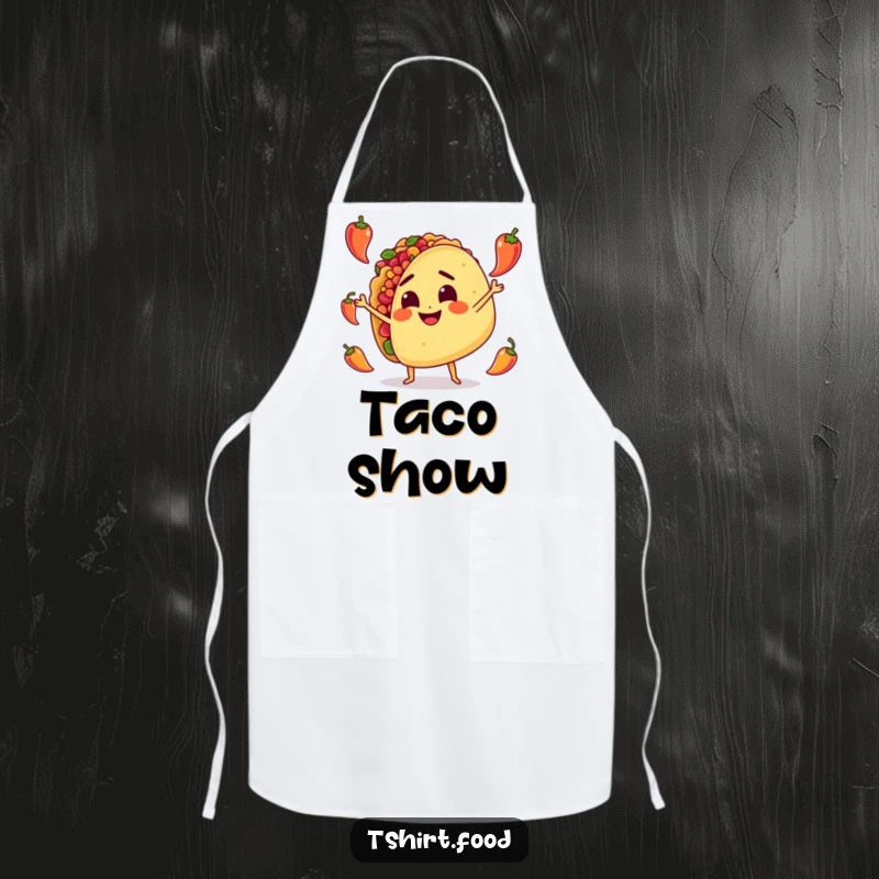Funny Apron: A determined taco character skillfully juggles miniature hot peppers, ready to add spice to your cooking and your day.