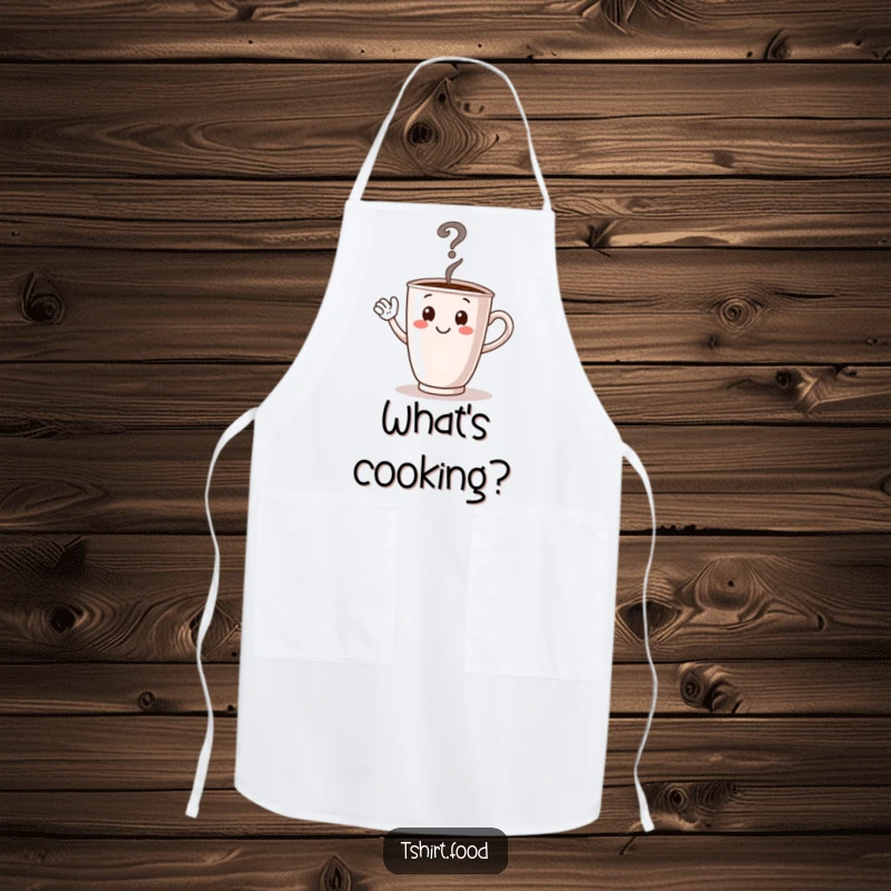 Funny apron for chefs, featuring a waving coffee cup with steam forming a question mark, ideal for a witty kitchen.