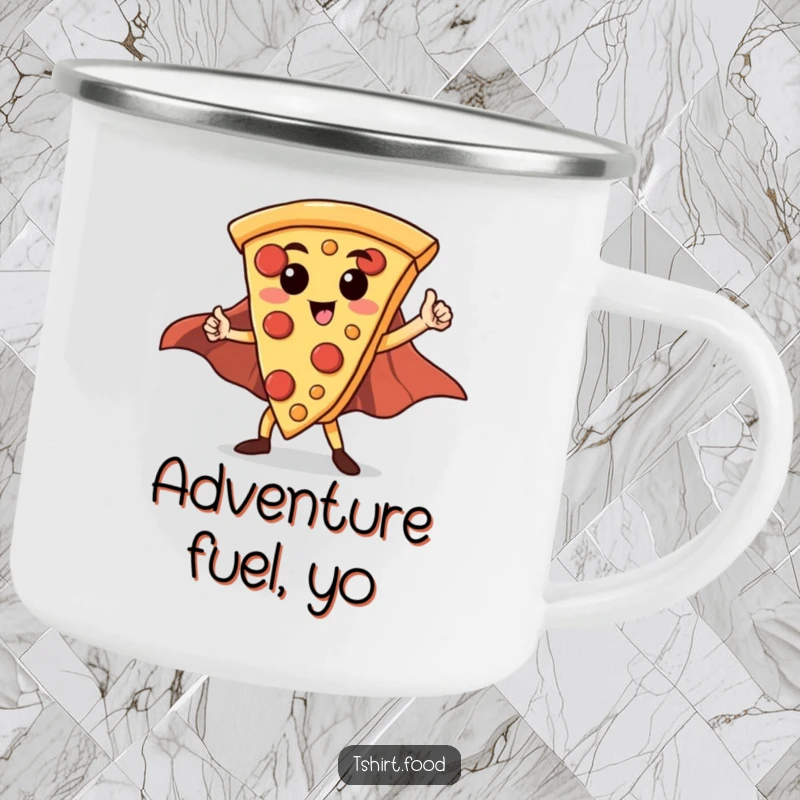 Funny Hero Pizza Slice Camping Mug: A proud pizza slice in a cape poses heroically, ready for outdoor beverages.
