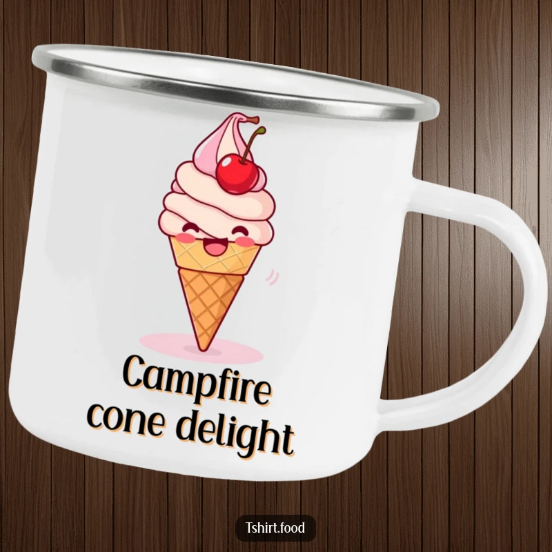 Funny Camping Mug: A delighted ice cream cone spins playfully with a wobbling cherry, perfect for outdoor enjoyment.