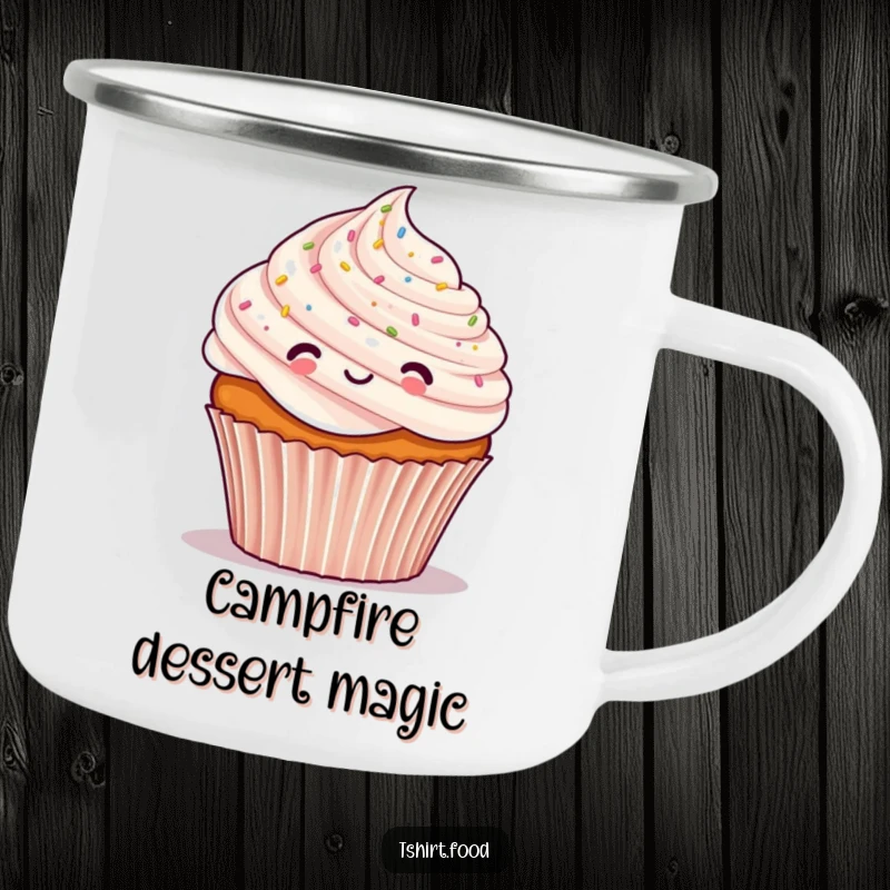 Funny camping mug with a cheerful cupcake character covered in tiny confetti, perfect for outdoor enthusiasts who love a festive treat.