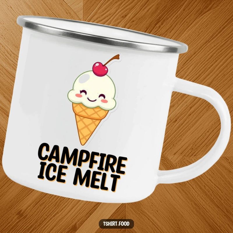 Funny camping mug featuring a grinning ice cream cone with a cherry on top, humorously sliding, ideal for outdoor enjoyment.