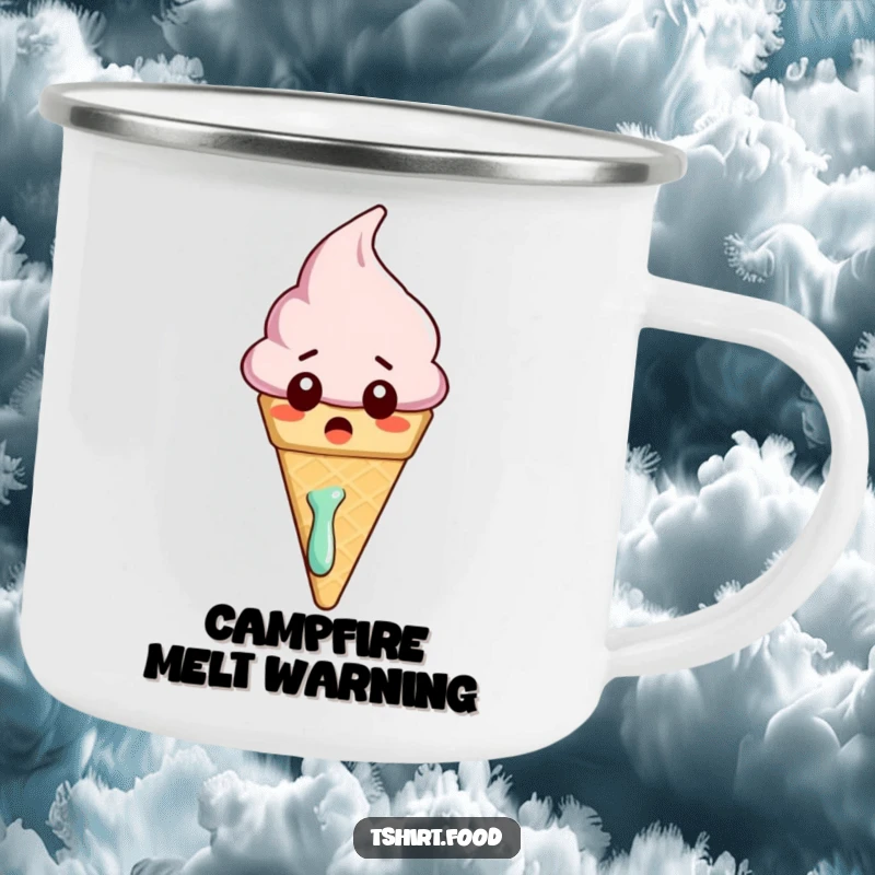 Funny camping mug with a surprised ice cream cone character slightly melting, perfect for outdoor enthusiasts who love a cool surprise.