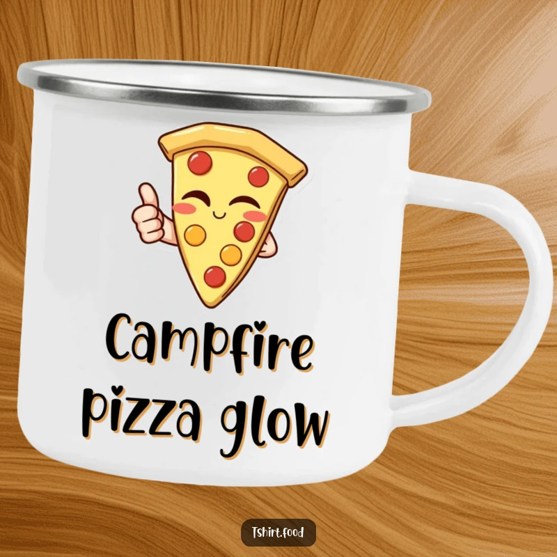 Funny Camping Mug: A cheerful pizza slice winking and giving a thumbs up, great for outdoor adventures.