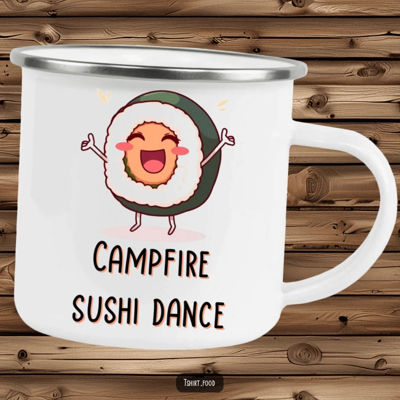 Funny Camping Mug: A beaming sushi roll with tiny dancer legs performs a victory dance, perfect for outdoor enjoyment.
