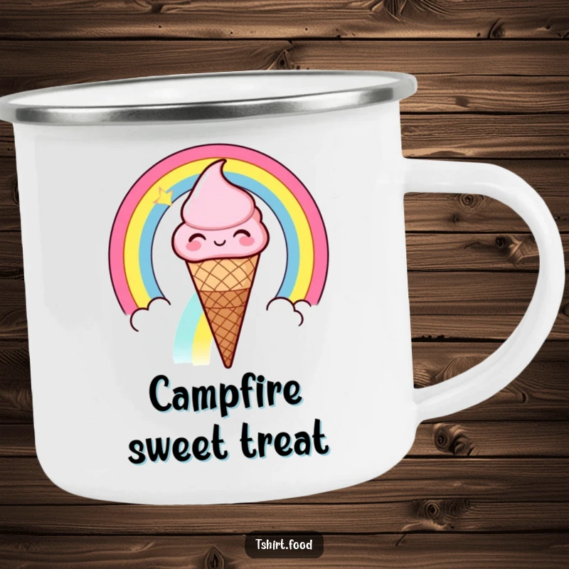 Funny winking ice cream cone sliding down a rainbow camping mug, a cheerful ice cream cone winking as it slides down a colorful rainbow.
